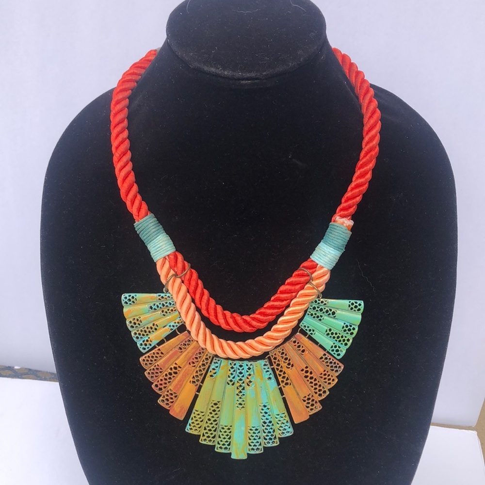 Colorful boho medal bib silk cord necklace